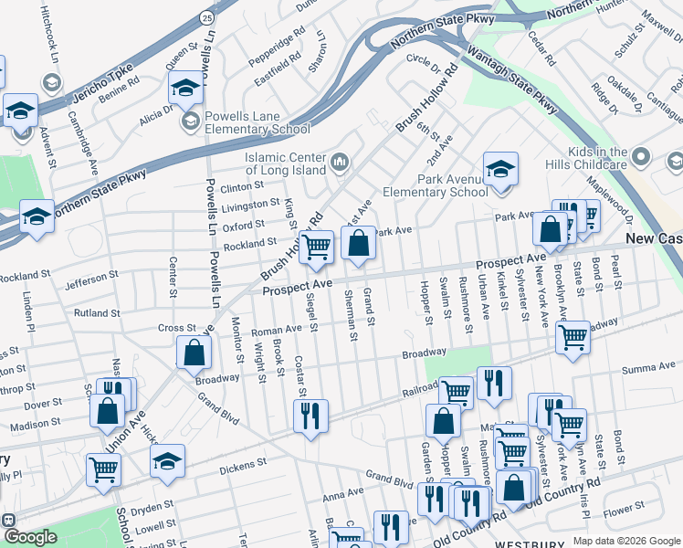 map of restaurants, bars, coffee shops, grocery stores, and more near 345 Sherman Street in Westbury