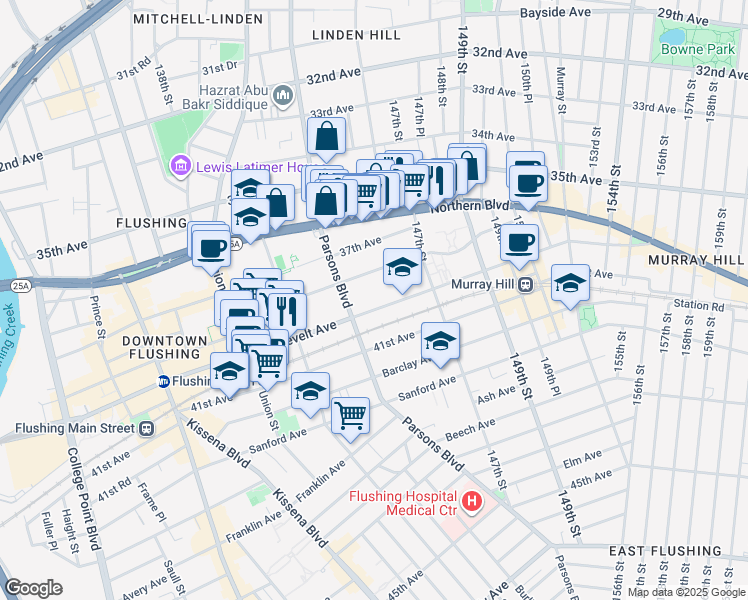 map of restaurants, bars, coffee shops, grocery stores, and more near 144-25 Roosevelt Avenue in Queens