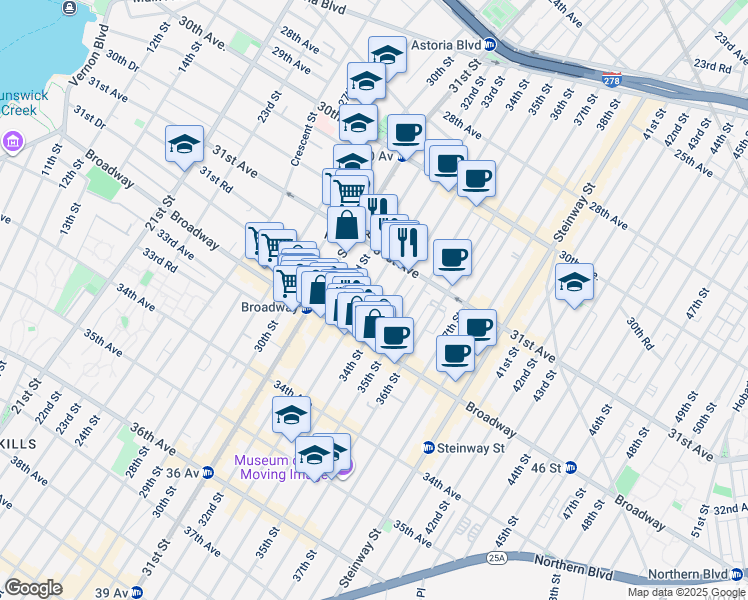 map of restaurants, bars, coffee shops, grocery stores, and more near 31-40 33rd Street in Queens