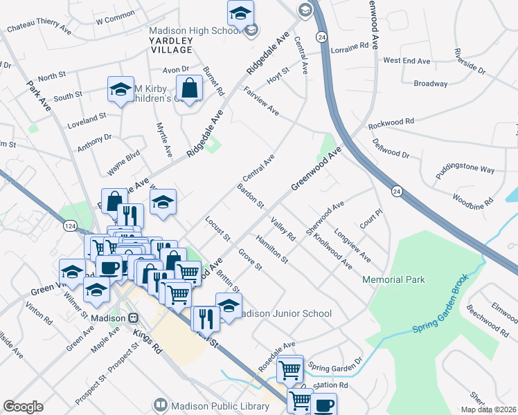 map of restaurants, bars, coffee shops, grocery stores, and more near 15 Bardon Street in Madison