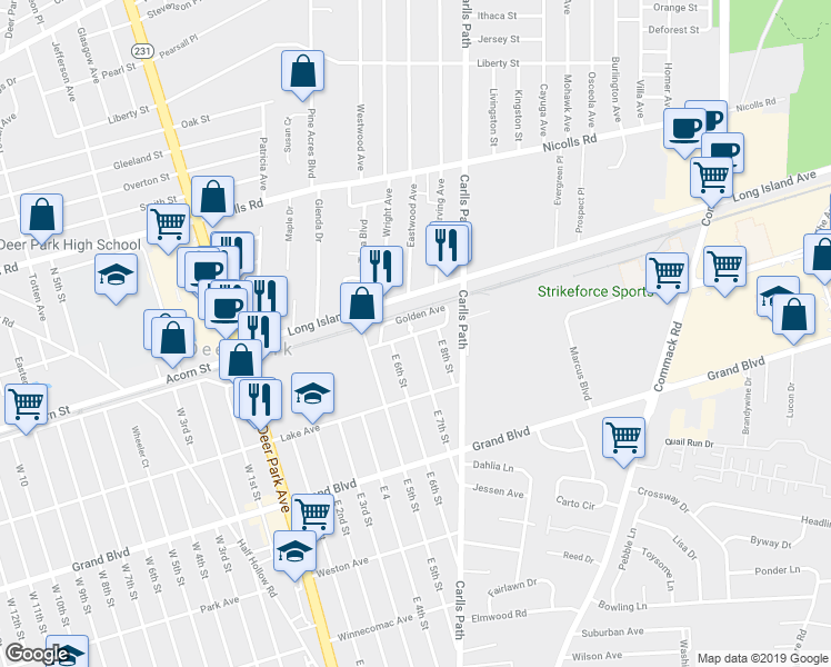 map of restaurants, bars, coffee shops, grocery stores, and more near 35 Golden Avenue in Deer Park