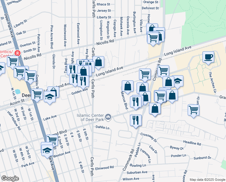 map of restaurants, bars, coffee shops, grocery stores, and more near in Deer Park
