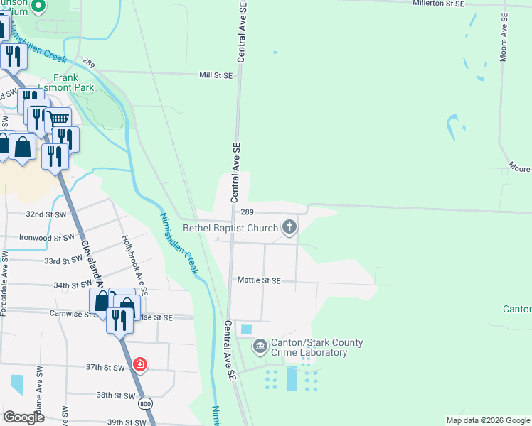 map of restaurants, bars, coffee shops, grocery stores, and more near 1017 Village Street Southeast in Canton