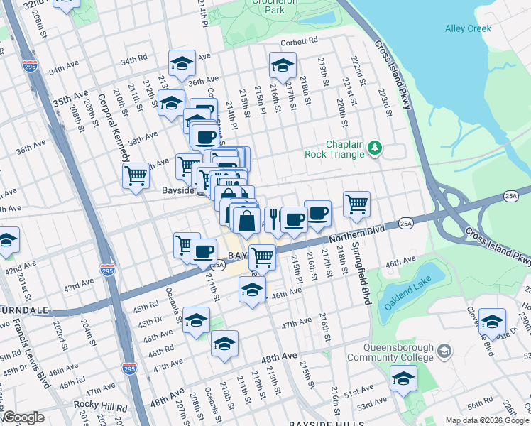map of restaurants, bars, coffee shops, grocery stores, and more near 4216 214th Place in Queens