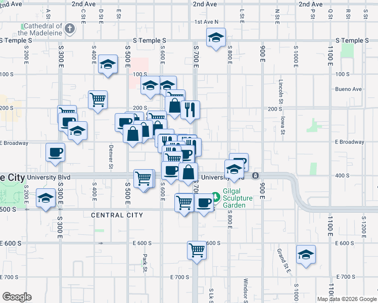 map of restaurants, bars, coffee shops, grocery stores, and more near 320 700 East in Salt Lake City