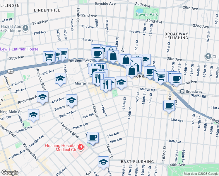map of restaurants, bars, coffee shops, grocery stores, and more near 153-11 Barclay Avenue in Queens