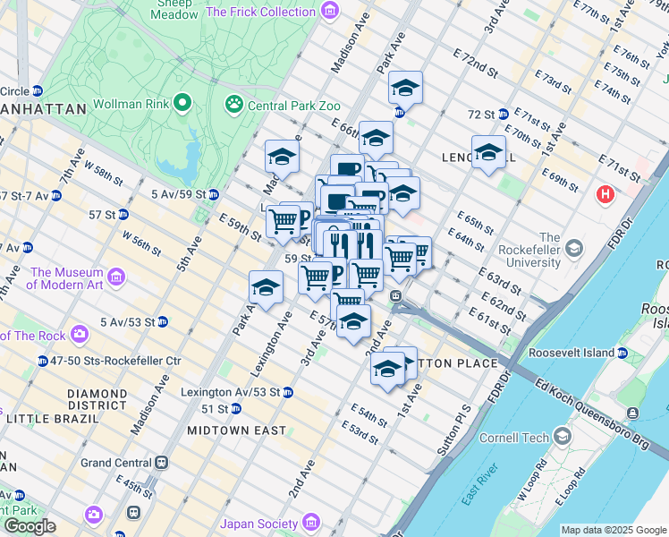 map of restaurants, bars, coffee shops, grocery stores, and more near 1000 3rd Avenue in New York