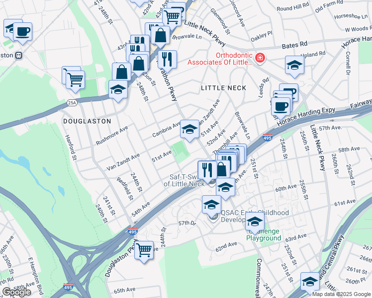 map of restaurants, bars, coffee shops, grocery stores, and more near 51-60 Marathon Parkway in Queens
