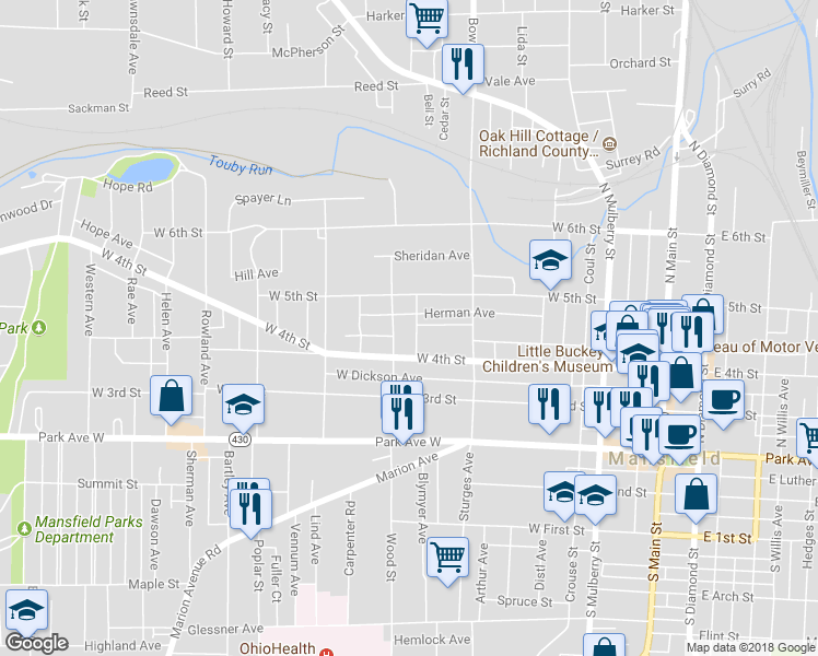 map of restaurants, bars, coffee shops, grocery stores, and more near 125 Willow Street in Mansfield