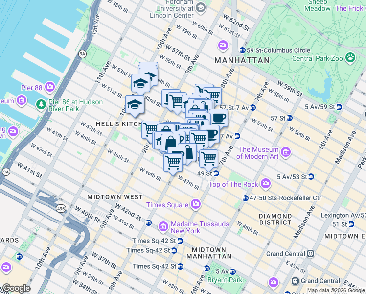 map of restaurants, bars, coffee shops, grocery stores, and more near 309 West 49th Street in New York