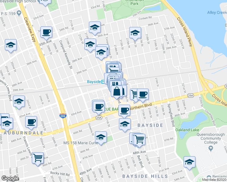 map of restaurants, bars, coffee shops, grocery stores, and more near 42-16 Bell Boulevard in Queens