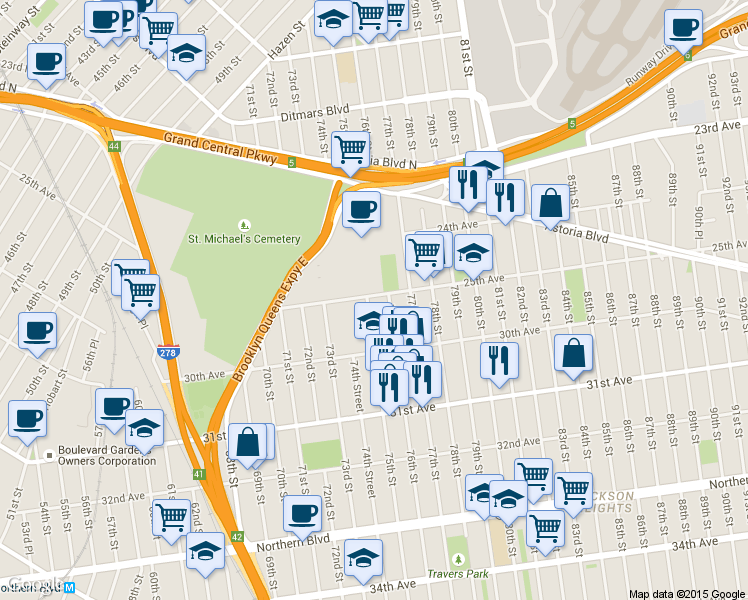 map of restaurants, bars, coffee shops, grocery stores, and more near 25-01 75th Street in Queens
