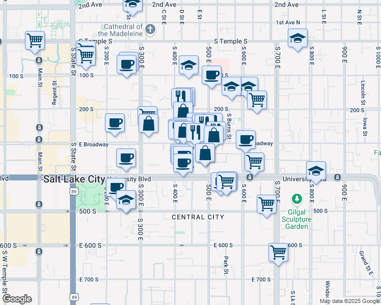 map of restaurants, bars, coffee shops, grocery stores, and more near 440 300 South in Salt Lake City