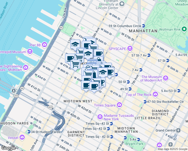 map of restaurants, bars, coffee shops, grocery stores, and more near 9th Avenue & West 48th Street in New York