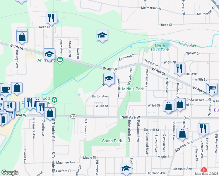 map of restaurants, bars, coffee shops, grocery stores, and more near 124 North Linden Road in Mansfield
