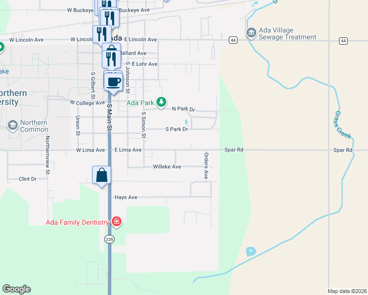 map of restaurants, bars, coffee shops, grocery stores, and more near 412 East Lima Avenue in Ada