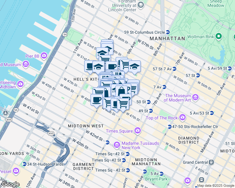 map of restaurants, bars, coffee shops, grocery stores, and more near 330 West 49th Street in New York