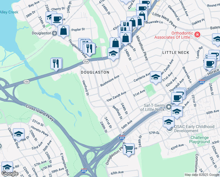 map of restaurants, bars, coffee shops, grocery stores, and more near 47-15 243rd Street in Queens