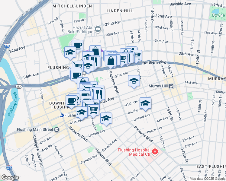 map of restaurants, bars, coffee shops, grocery stores, and more near 144-02 38th Avenue in Queens