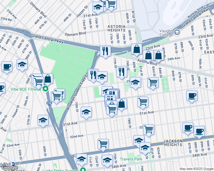 map of restaurants, bars, coffee shops, grocery stores, and more near 25-01 75th Street in Queens