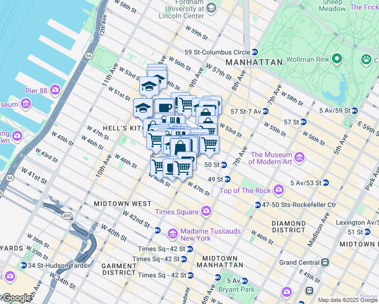 map of restaurants, bars, coffee shops, grocery stores, and more near 350 West 50th Street in New York