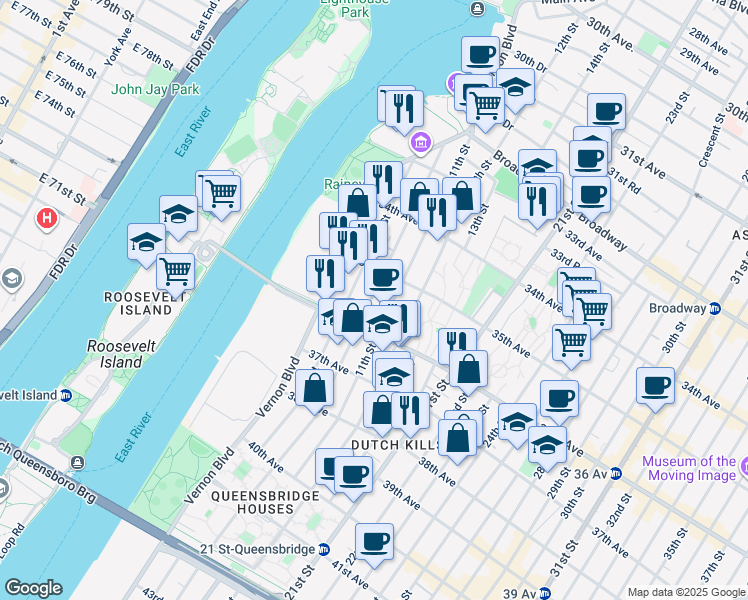 map of restaurants, bars, coffee shops, grocery stores, and more near 10-06 35th Avenue in Queens