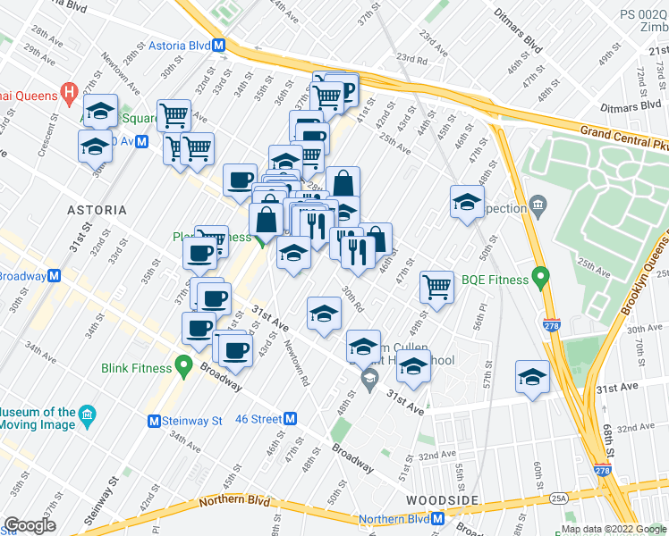 map of restaurants, bars, coffee shops, grocery stores, and more near 30-08 44th Street in Queens