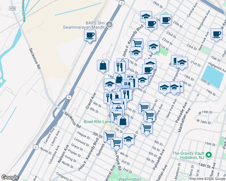 map of restaurants, bars, coffee shops, grocery stores, and more near 1302 12th Street in North Bergen