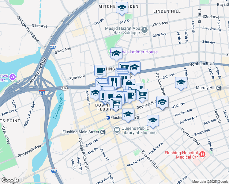 map of restaurants, bars, coffee shops, grocery stores, and more near 136-75 37th Avenue in Queens