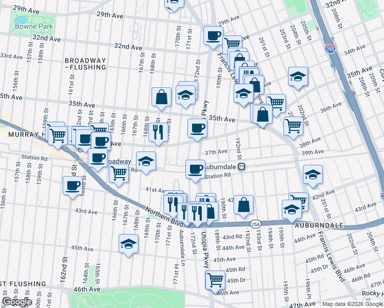 map of restaurants, bars, coffee shops, grocery stores, and more near 36-25 172nd Street in Queens