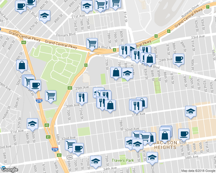 map of restaurants, bars, coffee shops, grocery stores, and more near 76-18 25th Avenue in Queens
