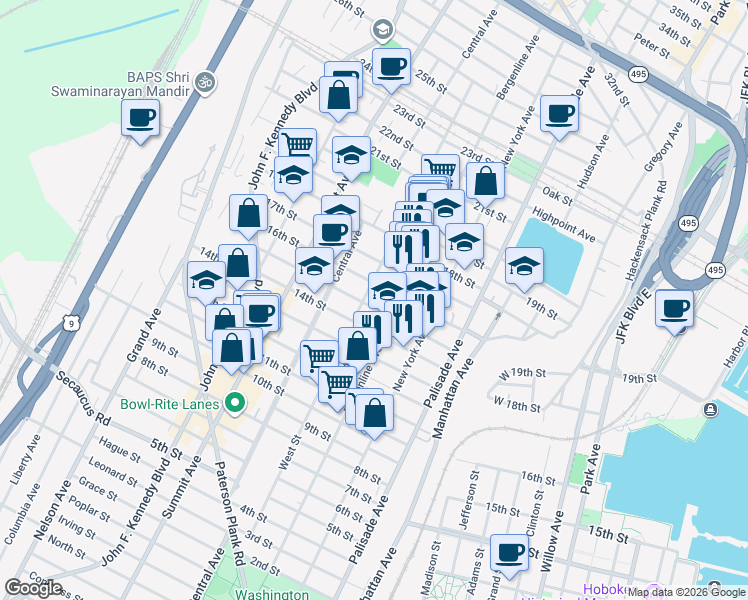 map of restaurants, bars, coffee shops, grocery stores, and more near 520 15th Street in Union City