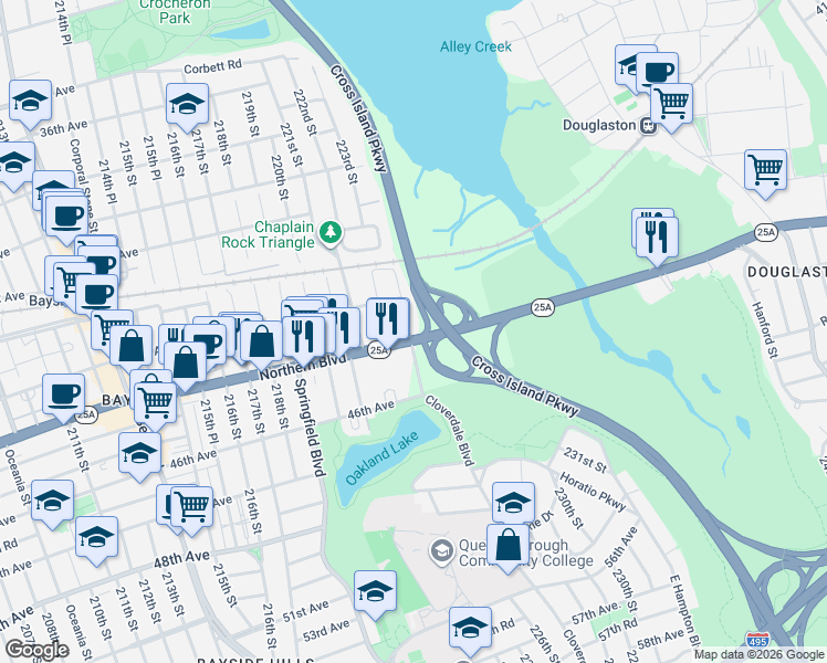 map of restaurants, bars, coffee shops, grocery stores, and more near in Queens