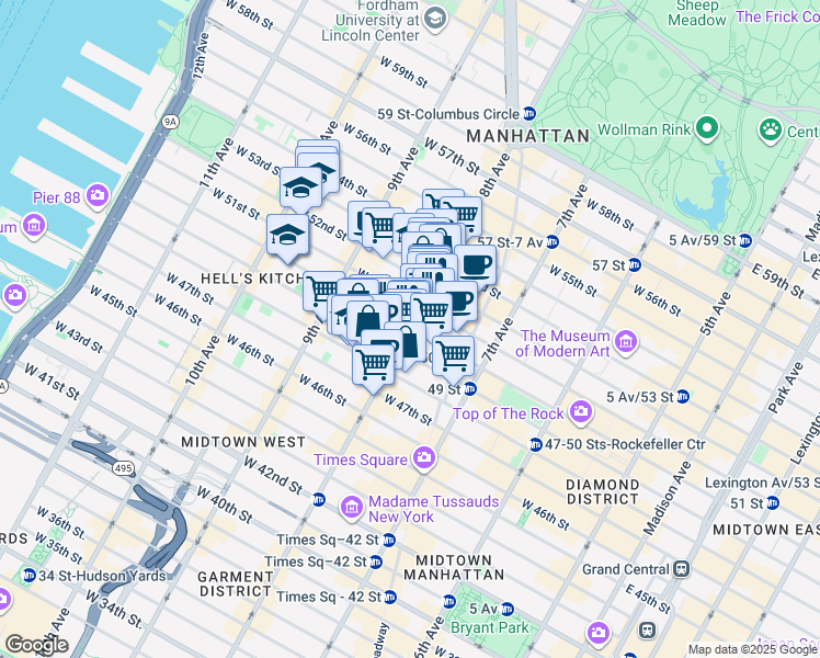 map of restaurants, bars, coffee shops, grocery stores, and more near 298 West 50th Street in New York