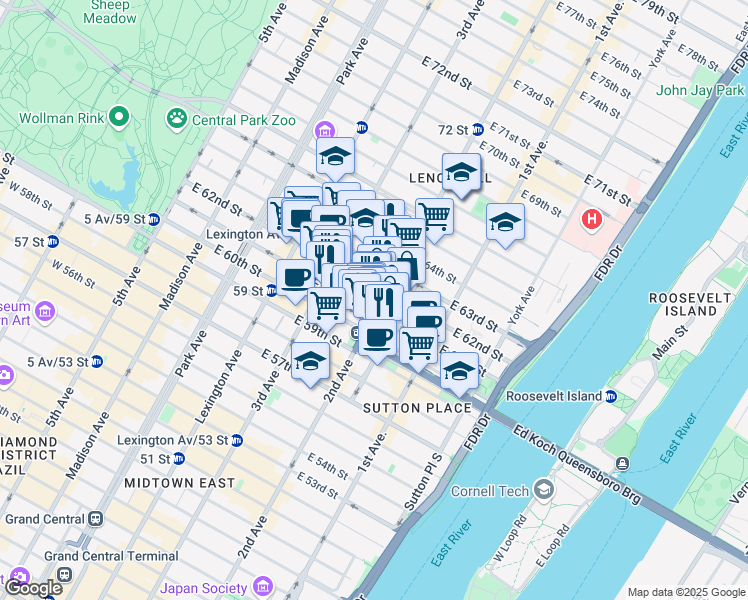 map of restaurants, bars, coffee shops, grocery stores, and more near 1167 2nd Avenue in New York