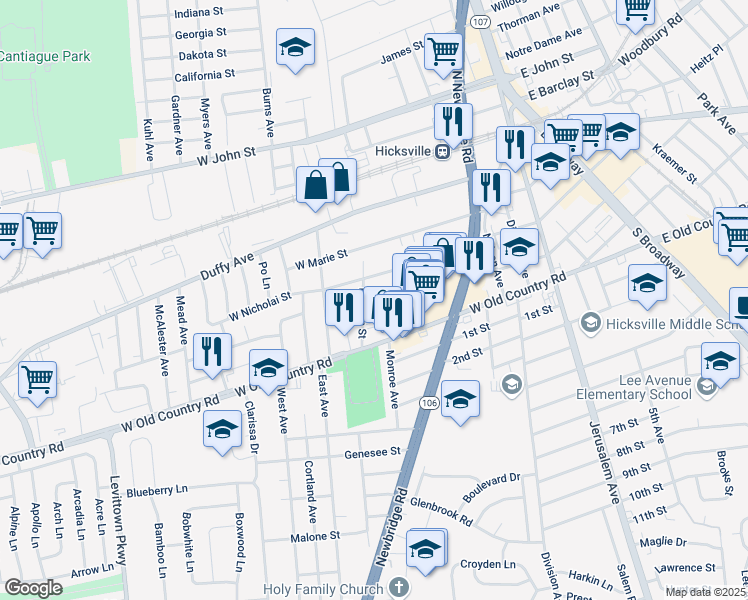 map of restaurants, bars, coffee shops, grocery stores, and more near 83 Morgan Street in Hicksville