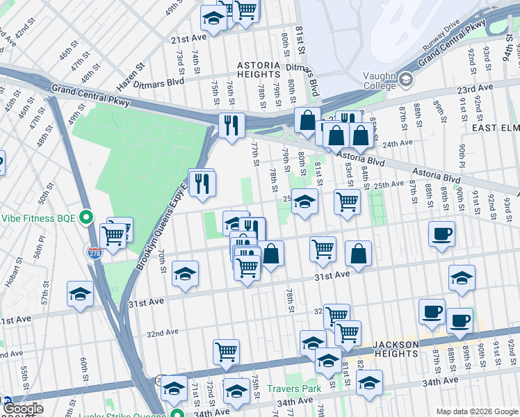 map of restaurants, bars, coffee shops, grocery stores, and more near 76-20 25th Avenue in Queens