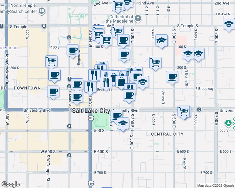 map of restaurants, bars, coffee shops, grocery stores, and more near 230 East Broadway in Salt Lake City