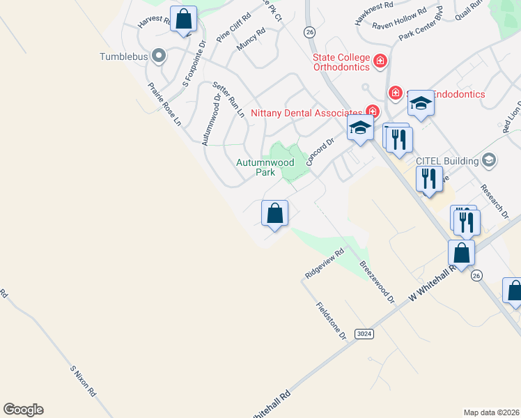 map of restaurants, bars, coffee shops, grocery stores, and more near 2297 Fairfield Circle in State College