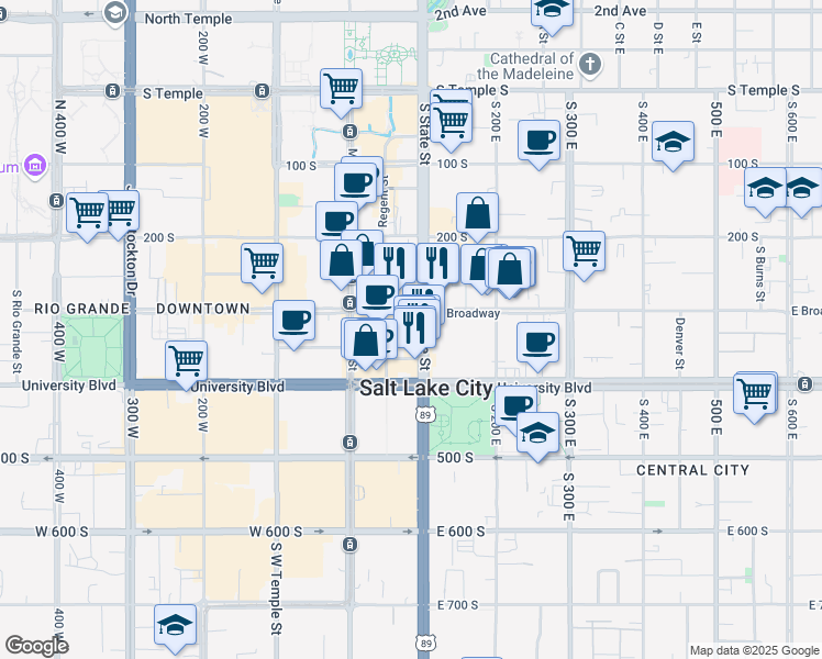 map of restaurants, bars, coffee shops, grocery stores, and more near 311 State Street in Salt Lake City