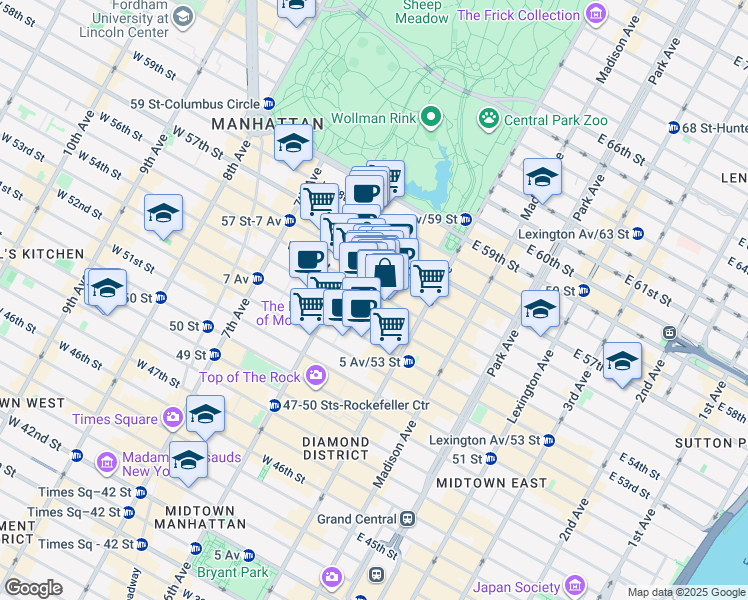 map of restaurants, bars, coffee shops, grocery stores, and more near 48 West 55th Street in New York