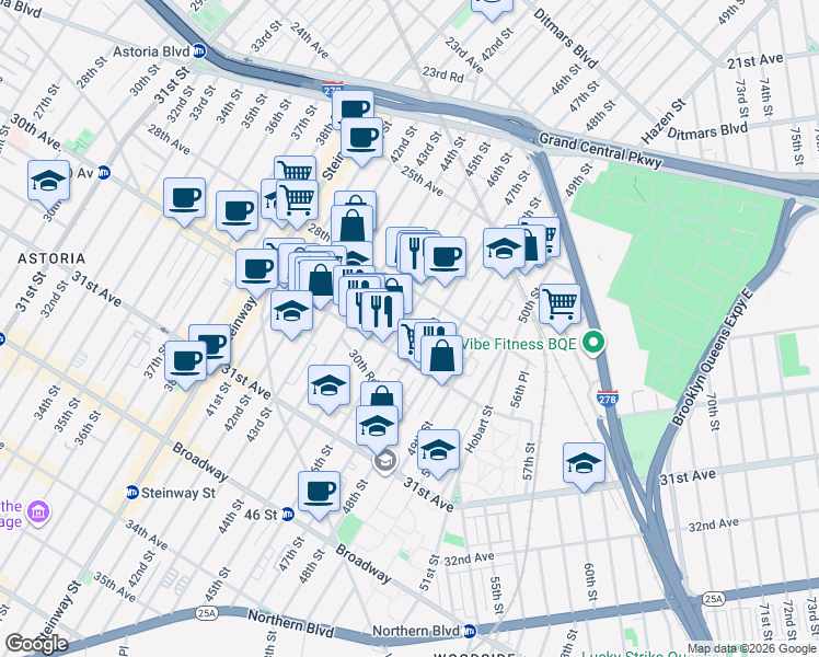map of restaurants, bars, coffee shops, grocery stores, and more near 28-33 46th Street in Queens