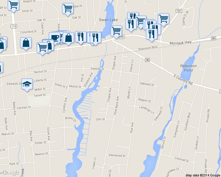 map of restaurants, bars, coffee shops, grocery stores, and more near 8 1st Street in Patchogue