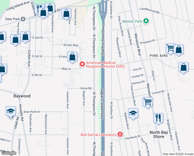 map of restaurants, bars, coffee shops, grocery stores, and more near 1665 North Thompson Drive in Bay Shore