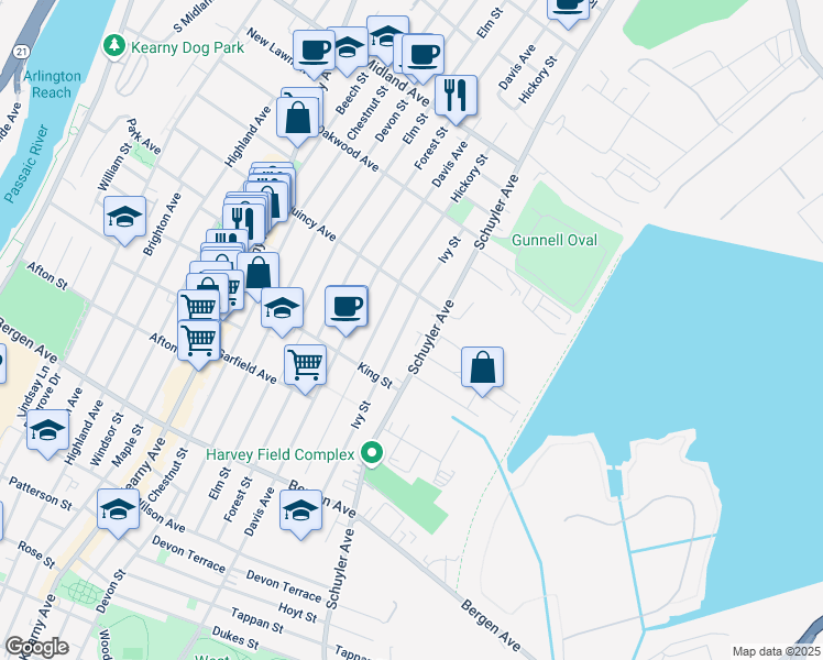 map of restaurants, bars, coffee shops, grocery stores, and more near 238 Ivy Street in Kearny
