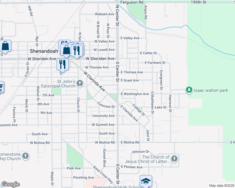 map of restaurants, bars, coffee shops, grocery stores, and more near 101 West Washington Avenue in Shenandoah