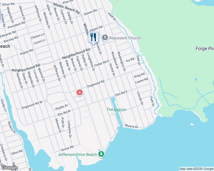 map of restaurants, bars, coffee shops, grocery stores, and more near 19 Whittier Drive in Mastic Beach