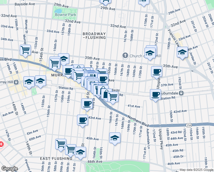 map of restaurants, bars, coffee shops, grocery stores, and more near in Queens