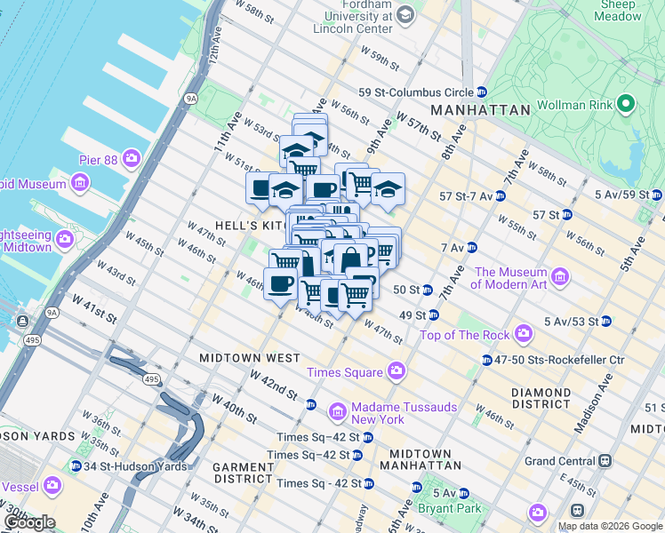 map of restaurants, bars, coffee shops, grocery stores, and more near 355 West 49th Street in New York