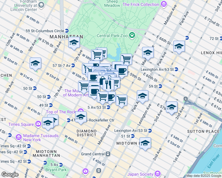 map of restaurants, bars, coffee shops, grocery stores, and more near 712 5th Avenue in New York